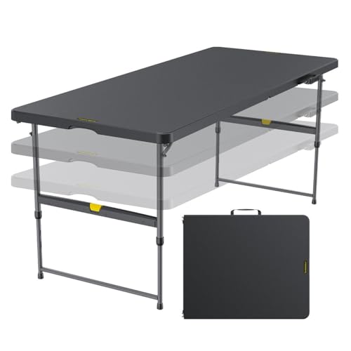 FanttikOutdoor 6ft Folding Table 3 Heights One-Handed Height Adjustment Gravity Lock Carry Handle Indoor Outdoor Heavy Duty Fold-in-Half Portable Utility Table Party Black Zeta X6 Pro