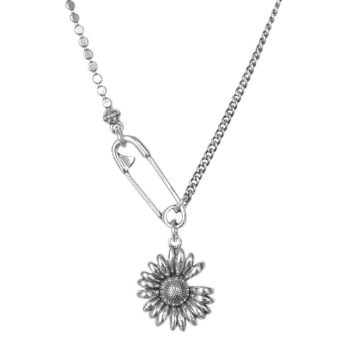 Image of Niaspi Daisy Flowers Pendant Necklace for Women Girls Vintage Punk Dainty Retro Sunflower Safety Pin Cuban Link Beaded Chain Choker Necklaces Adjustable Jewelry Gifts for Fans (Silver)