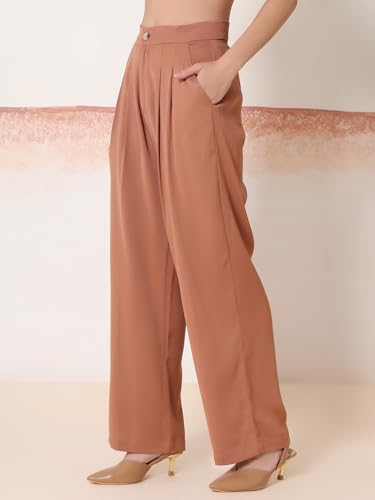 Image of KOTTY Womens Solid Button Brown Wood Casual Pants