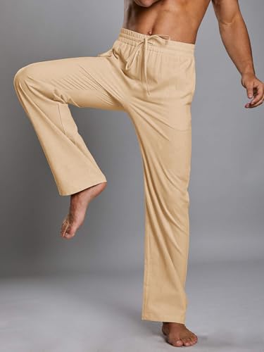 Image of PASLTER Mens Cotton Linen Pants Casual Summer Beach Pants Dress Trousers | Loose Fit, Elastic Drawstring Waist, Lightweight, Straight-Legs, Slacks, Yoga, Work, Vacation, Quick Dry