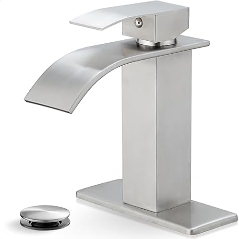 HOIGY Brushed Nickel Bathroom Faucet Single Handle, Brass Waterfall Bathroom Sink Faucet 1 Hole or 4 Inch 3 Hole Bathroom Faucets with Deck Plate & Pop-up Drain Supply Hose for Lavatory No Splashing Cover