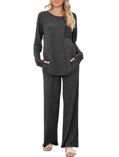 SotRong Two Pieces Ribbed Fluffy Loungewear Sets for Women Uk Ladies Cosy Matching Leisure Wear Long Sleeve Maternity Pyjamas Set Dark Grey XL