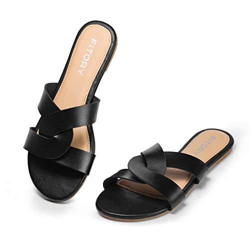 FITORY Womens Flat Sandals Fashion Slides with Soft Leather Slipper Summer | Dressy, Cute, Beach, Slip on, Comfortable, Wedding, Fancy, Casual, Comfy, Vacation