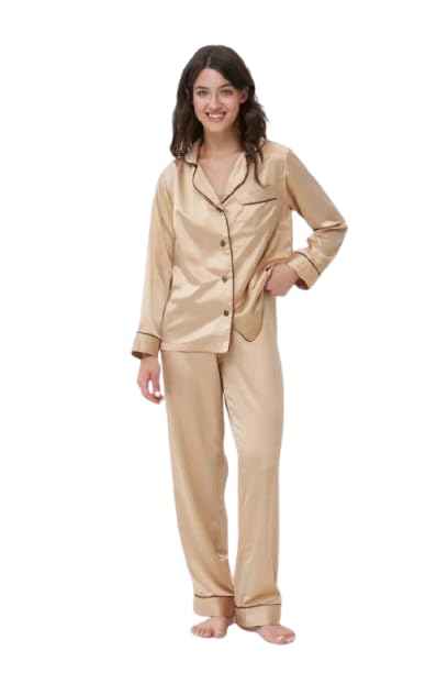 bellababebysk Women's Classic Satin Pajama Set | Most Ordered | Button-Down Top with Contrast Piping | Deep Lapel Collar |...