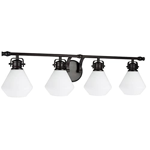 Image of Aspen Creative 62092, Four-Light Metal Bathroom Vanity Wall Light Fixture, 32 inch Wide, Transitional Design in Bronze with Opal Glass Shade