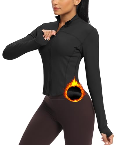 QUEENIEKE Laufjacke Damen Kurze Sportjacke Langarm Yoga Jacke Fitness Sweatjacke Reißverschlusstaschen mit Daumenlöchern (Schwarz mit Fleece-Futter, M) QUEENIEKE Laufjacke Damen Kurze Sportjacke Langarm Yoga Jacke Fitness Sweatjacke Reißverschlusstaschen mit Daumenlöchern (Schwarz mit Fleece-Futter, M)