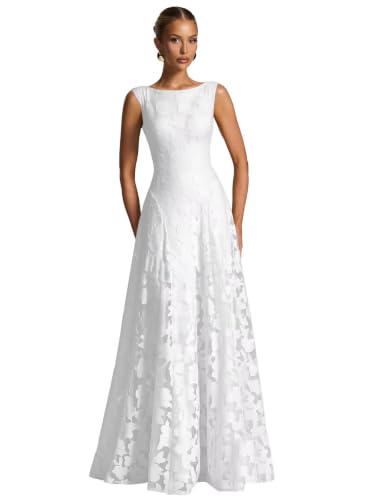 Lcjfai White Long Bridesmaid Dresses for Wedding Vintage Lace Formal Evening Dresses for Women US14