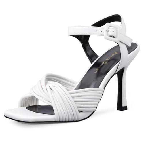 FancyQueen White Strappy Heels for Women, Square Open Toe High Heels Stilettos Heeled Sandals Ankle Strap for Prom Party Daily Wedding Wear