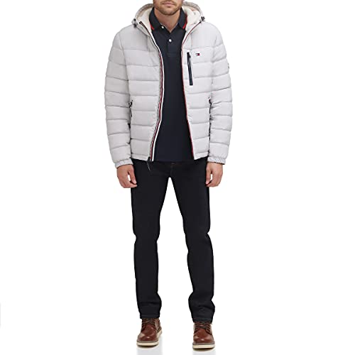 Tommy Hilfiger Herren Midweight Sherpa Lined Hooded Water Resistant Puffer Jacket Mantel, Ice Tech, L