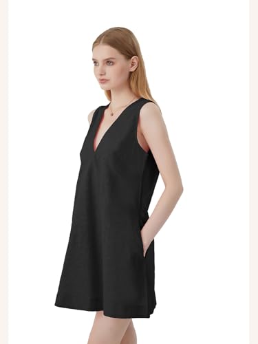 Image of hibshaby Womens Summer Cotton Linen V Neck Short Dress 2025 Sleeveless Mini Dress Casual Tank Dress Sundress with Pockets