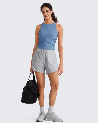Image of G4Free Skimetic Workout Tank Tops for Women Side Ruched Sleeveless High Neck Crop Top Summer Athletic Gym Shirts