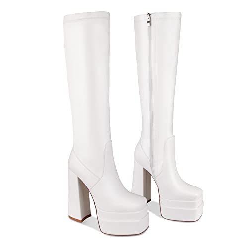 WETKISS White Knee High Boots for Women Stacked Go-Go Boot Chunky High Heeled Platform boots Square Toe PU Leather Winter Stretch Boot