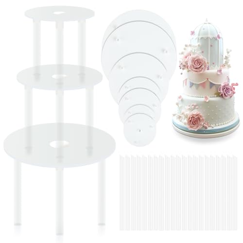 SZEBISOA Alzata per dolci con 7 piatti (9/12/16/20 cm) e 21 supporti in plastica (23 cm) – pratica alzatina per dolci riutilizzabile per torte a più piani, ideale per matrimonio, compleanno e feste