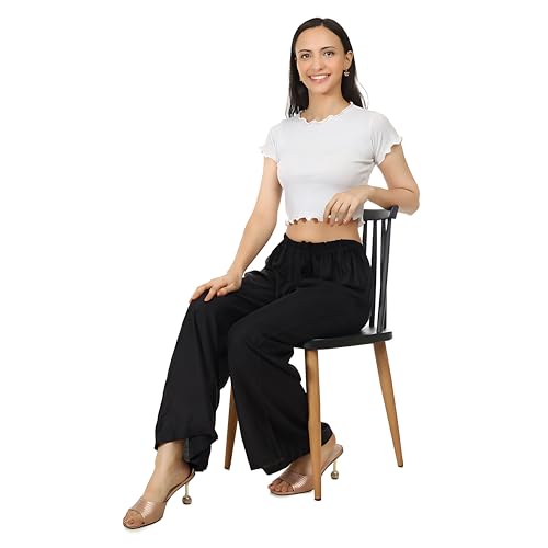Image of Women's Rayon Palazzo Pants | Solid Color Wide Leg Trousers in 18 Shades | Elastic Waist Casual Bottoms XS-7XL | Comfortable