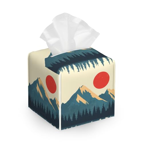 Tissue Box Cover,Boho Mountains Sun Leather Tissue Holder Organizer Portable Square Decorative Facial Paper Case for Home Office Bathroom Vanity Countertop