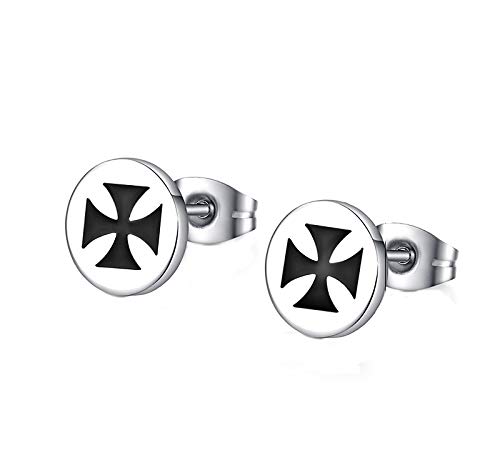 Unisex Stainless Steel Maltese Cross Small Round Stud Earrings for Men and Women - 8mm, Hypoallergenic, Nickel-Free, Gift-Ready Packaging