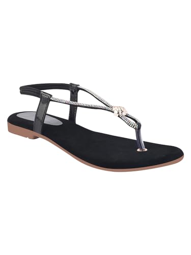 Image of Shoetopia Women's Embellished T-Strap Flats - Crystal Detail Toe Loop Sandals with Cushioned Black Footbed, Slip-On Ethnic Casual Comfort Flats