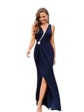WDIRARA Women's Elegant V Neck Sleeveless Rhinestone Mermaid Maxi Evening Cocktail Dress Navy Blue M