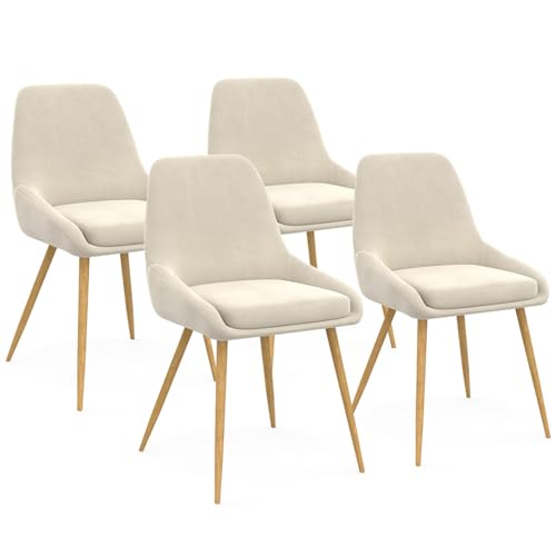 IDMarket THALYA - Juego de 4 sillas de comedor de terciopelo beige y patas efecto madera con reposabrazos