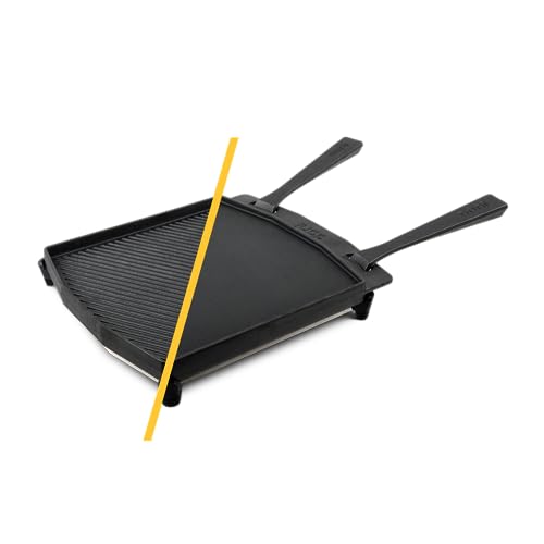 ooni Cast Iron Dual-Sided Grizzler Plate - 13.6" x 12.5" Reversible Griddle with Removable Handle and Stainless Steel Trivet, Pre-Seasoned Non-Stick Oven Safe Cookware, Pizza Oven and BBQ Accessories