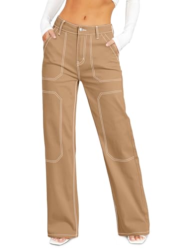 Dokotoo Women's Casual High Waisted Cargo Jeans Wide Leg Denim Pants Khaki Size 4