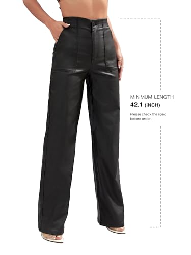 Lover Premium Faux Leather Pants High Waist Coated PU Button Straight Leather Black Leggings Wide Leg Pants with Pockets