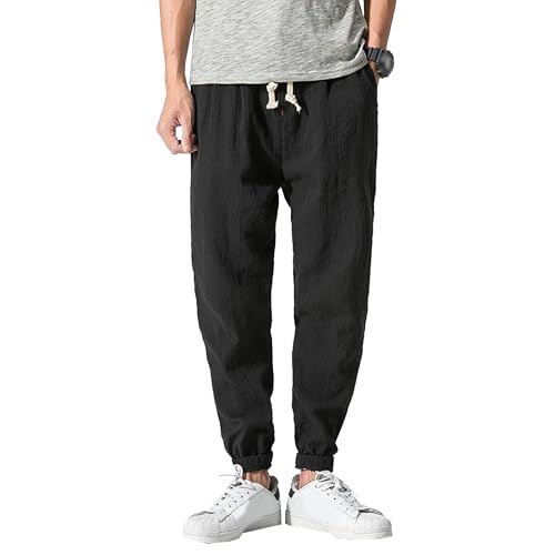 Lightweight Linen Jogger Pants Men Casual Cotton Blend Beach Trousers Elastic Waist Harem Lounge Pants