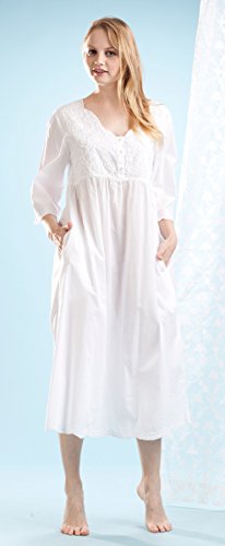 LA CERA Women's Nightgown, 100% Cotton, White Floral Embroidery, Button Front, Three-Button Placket, Side Pockets3