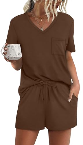 Image of RUBZOOF Women's Short Sleeve Pajama Sets with Pockets Casual V Neck 2 Piece Lounge Sets S-3XL