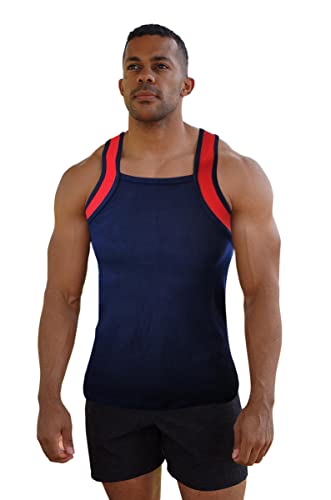 Different Touch Men Athletic Style Square Cut Tank Top Medium Navy W/Red