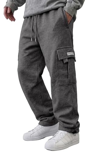 HUNGSON Mens Cargo Sweatpants Drawstring Casual Hiking Pants Joggers Athletic Trousers Cotton Loose Straight Pants for Men Dark Grey Heather