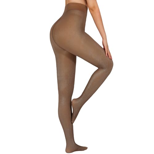 Image of X-CHENG Fleece Lined Tights Sheer Women - Fake Translucent Warm Pantyhose Leggings Sheer Thick Tights for Winter