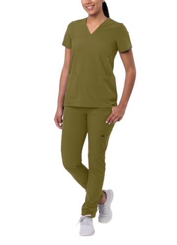 Adar Addition Go-Basic Scrub Set: Slim V-Neck Top & Skinny Cargo Pants