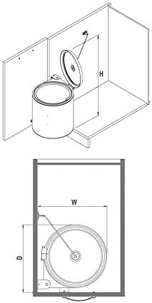 Installation diagram showing front view of trash can in cabinet
