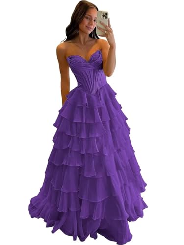 FoinLuve Ruffle Prom Dress Corset Tiered 2025 Strapless Long Chiffon Formal Evening Gown with Slit Purple 08