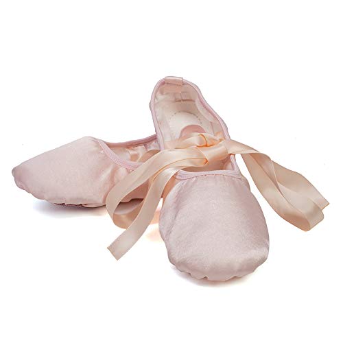 JUODVMP Girls Ballet Dance Shoes Satin Slippers Gymnastics Flats Split Sole with Ribbon,Model TJBLDM