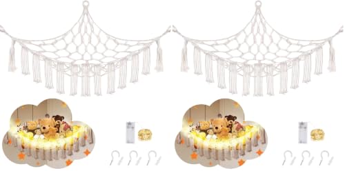 Image of CERETIA Stuffed Animal Hammock with LED Light, Large Stuffed Animals Storage Corner Plushie Net for Kids Room Decor, White (Pack of 2)