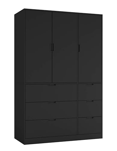 URBNLIVING 3-Door Wardrobe with 6 Drawers – Customisable Two-Tone Storage Unit - Black Unit & Black Doors & Drawers