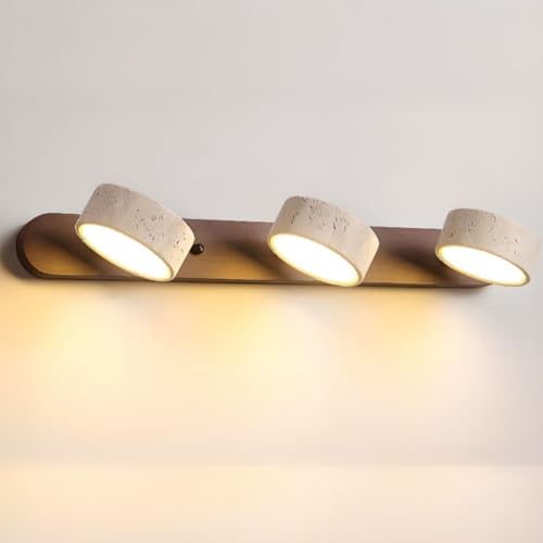 Image of Dark Wood Farmhouse Bathroom Vanity Light Modern Stone Cylinder Wall Lamp 3 Lights Travertine Shade Linear Bathroom Wall Sconce Rotatable LED Wall Light Over Mirror - Walnut Color