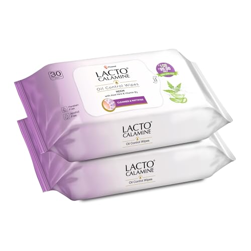 Lacto Calamine Oil Control Face Wipes with Neem, Vitamin B3 and Aloe Vera, No Parabens, Alcohol Free, White, 60 Count, Pack of 2