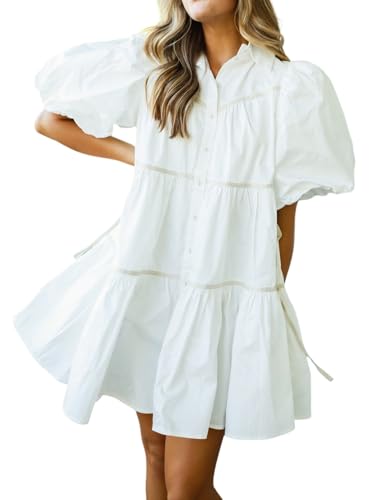 Image of Women's Chic Puff Sleeve Oversized Mini Shirt Dress with Pockets