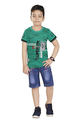Image of HRR Cotton Soft Round Neck Half Sleeve T-Shirt with 3 /4th Jeans Pant Clothing Set for Kids