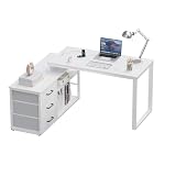 JUMMICO Bureau d'ordinateur 140 x 105 cm, Modèle en L Réversible, 3 Grands Tiroirs, Multiprise Intégrée et Panneau Perforé Réglable, Plateau Blanc avec Pieds Blancs
