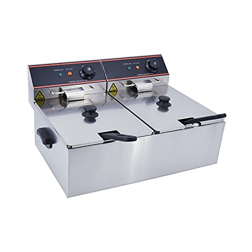 TAIMIKO Elektrische Fritteuse, 12 l, kommerziell, Fritteuse, professionell, 2 Edelstahltank, mit 2 Kunststoffgriffen, 6000 W, 220 V-240 V, Thermostat 60-200 °C