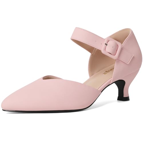 Image of RIBONGZ Comfortable Kitten Heels for Women Pointed Closed Toe Ankle Strap Buckle Heels Slip on Low Heel Church Pumps Wedding Bridal Party Dressy Shoes