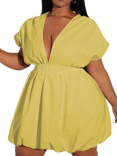 Image of WDIRARA Women's Plus Size Deep V Neck Bubble Dress Short Sleeve A Line Mini Dresses