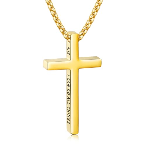Gold Cross Necklace for Men Boys Bible Verse 4:13 Gold Cross Chain for Men Boy Easter Basket Stuffers Baptism Christian First Communion Confirmation Religious Gifts for Teen Boys Kids Toddler Jewelry Gifts
