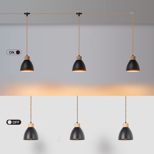 Image of 3-Light Plug in Pendant Light 22FT Industrial Hanging Lamp with Twisted Hemp Rope Independent Triple Switch Hanging Light Chandelier for Dining Room Kitchen, Black Finish