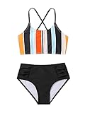 SweatyRocks Girl's 2 Piece Bathing Suits Striped Print Spaghetti Strap Criss Cross Bikini Set High Waist Swimsuit Multicolor 10Y