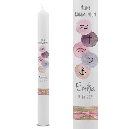 VILLA ROSA LOTTA Bougie de communion, de baptême « Emilia » personnalisable avec dates au choix et dos | symboles chrétiens | 40 cm x 4 cm | pour garçons et filles | Bougie d'autel ivoire